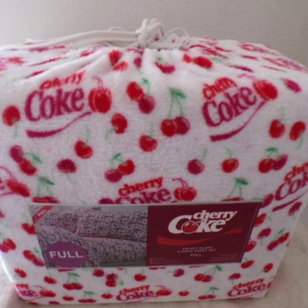 Coca-Cola Cherry Coke FULL Bed Plush Sheet Set Red White Soda Logo NWT NEW